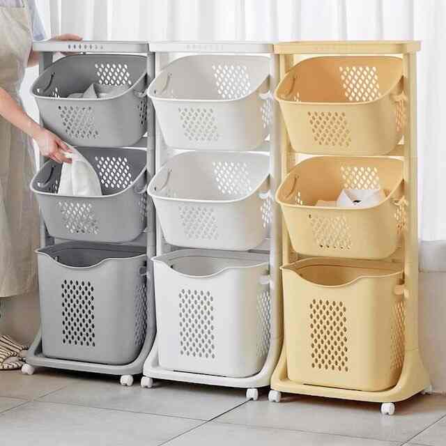 スイング式 3段ランドリーバスケット［4色］