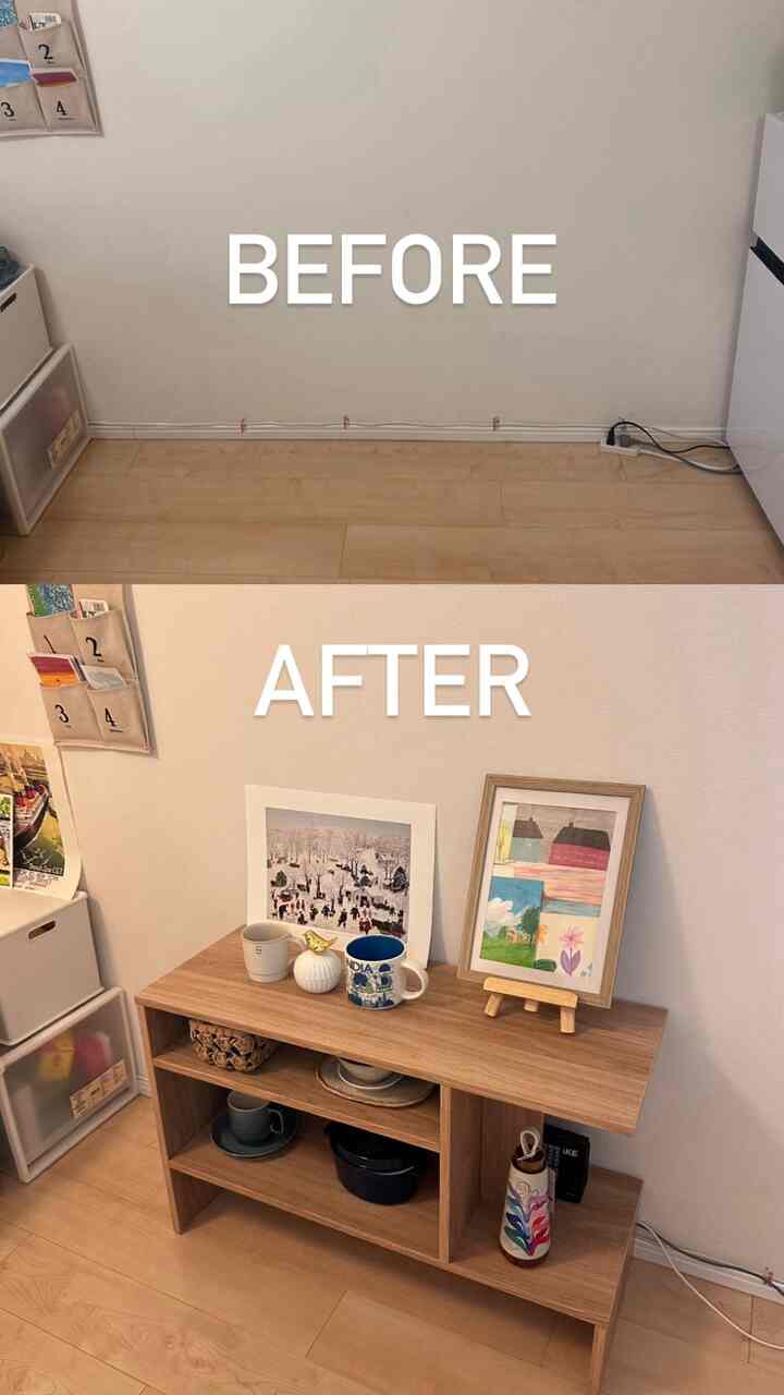 ナチュラルなウッドトーンが印象的な6畳の狭い部屋、IKEAサイドテーブルが配置された雰囲気のあるインテリア