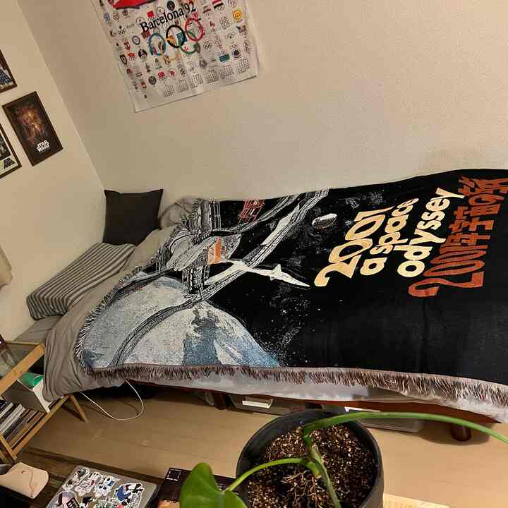 Natural color bedroom featuring a bed with 2001 Space Odyssey blanket and desk in a small room