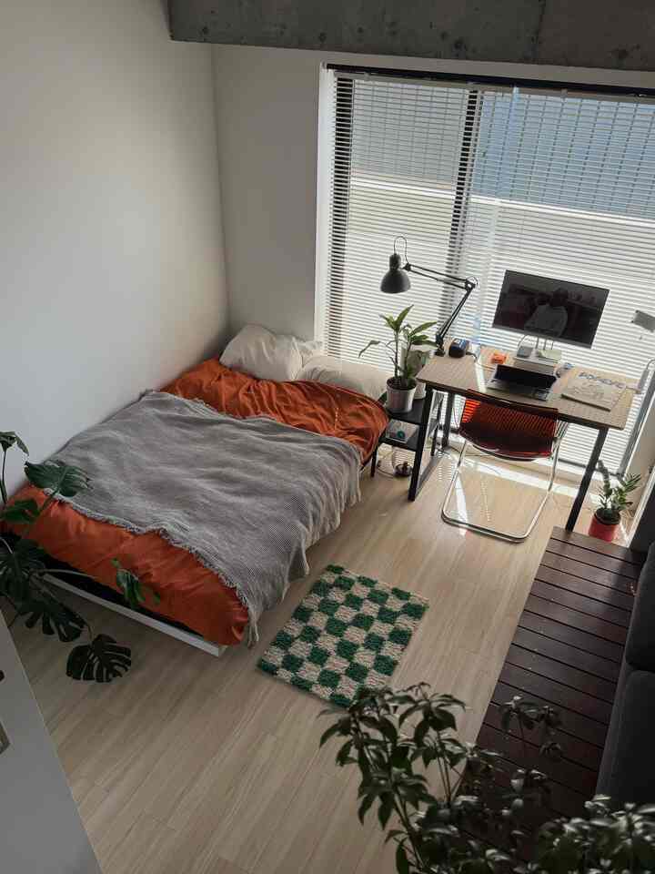 A cozy studio apartment bedroom and home office space featuring orange bedding, wood-tone flooring, natural light, and indoor plants