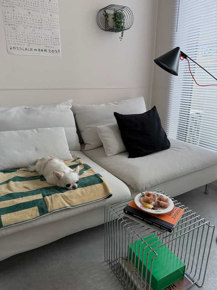 白を基調としたリビング、広いセクショナルソファとワイヤーフレームのサイドテーブルが配されたモダンで落ち着いた空間