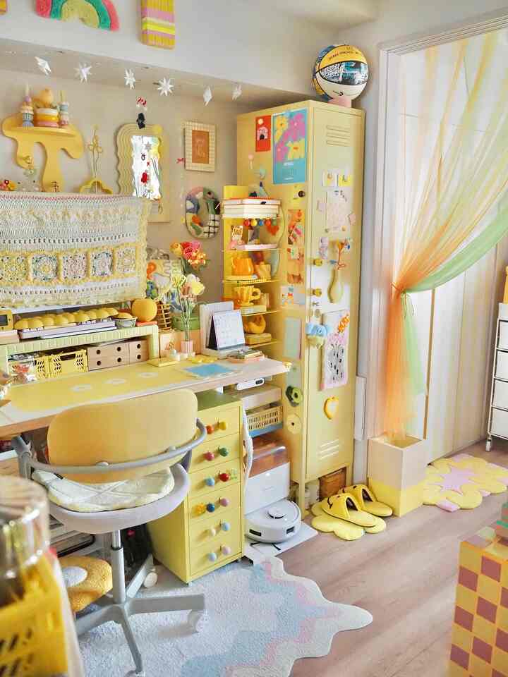 Cozy home office space decorated with yellow furniture and accessories