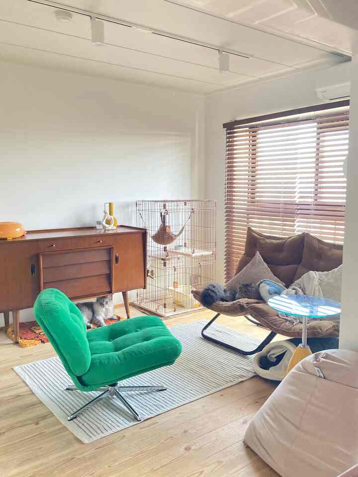 ナチュラルカラーのリビング、グリーンのアームチェアと猫2匹がいる雰囲気のある空間