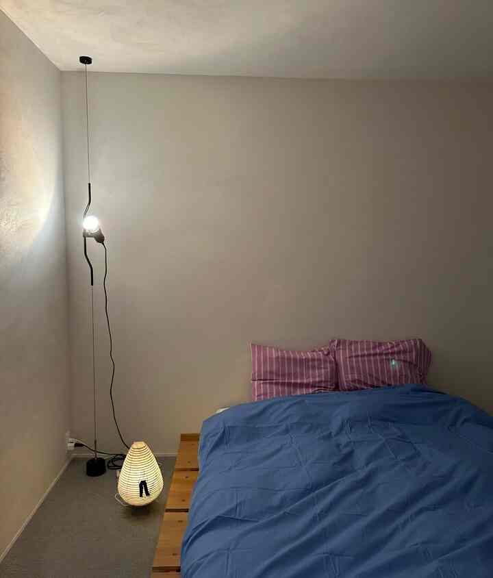 パープルの枕とブルーの寝具がある寝室、木目調のベッドフレームとシンプルなペンダントライトが配置された落ち着いた空間