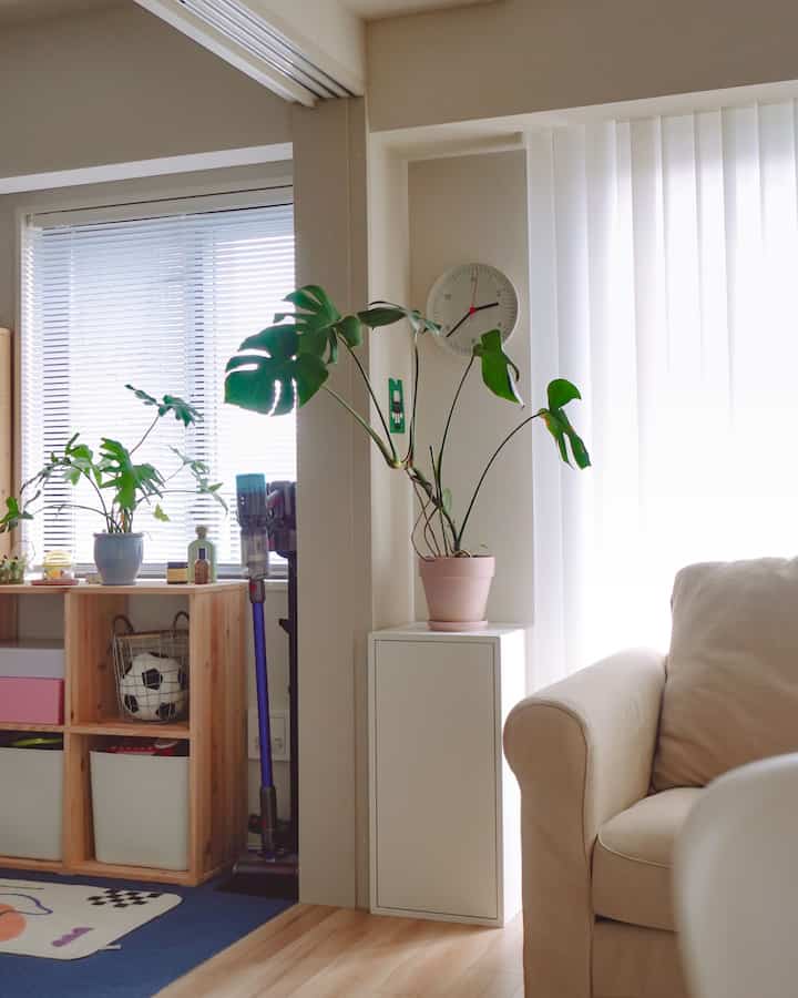 白とベージュのトーンが印象的なリビング、シンプルなIKEA EKETキャビネットとモンステラの植物が調和する自然な雰囲気のインテリア