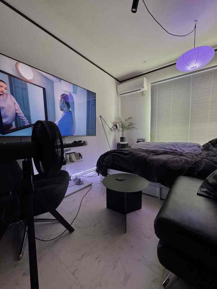 白と黒のトーンが特徴のモダンなワンルーム、寝室とリビングが一体となった快適で雰囲気のあるインテリア