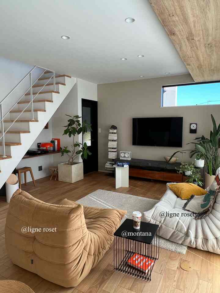 Natural toned living room featuring two sofas, a TV stand, and various plants creating a cozy, modern atmosphere