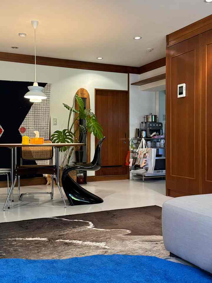 Monotone living room featuring distinctive black chair, patterned rug, and wooden paneling creating a modern atmosphere