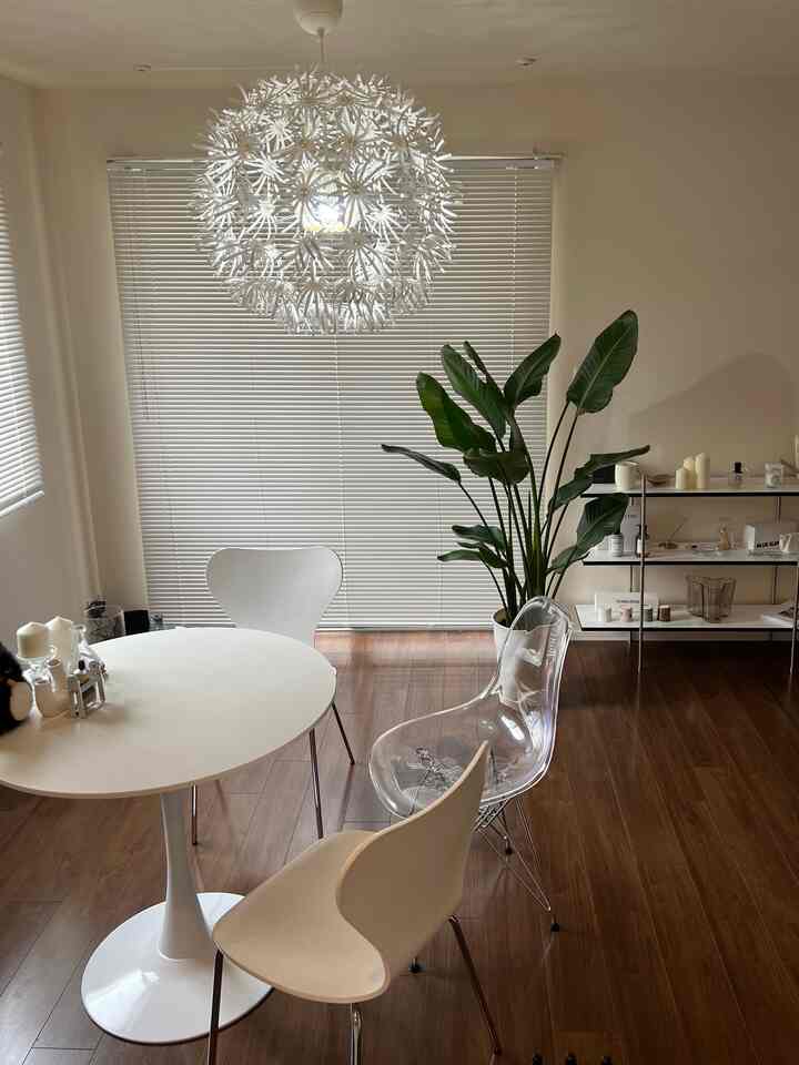 ホワイトとグリーンを基調としたワンルームのダイニング空間、シンプルなホワイトのダイニングテーブルと椅子、大きなストレリチアの植物が配置されたナチュラルな雰囲気のインテリア