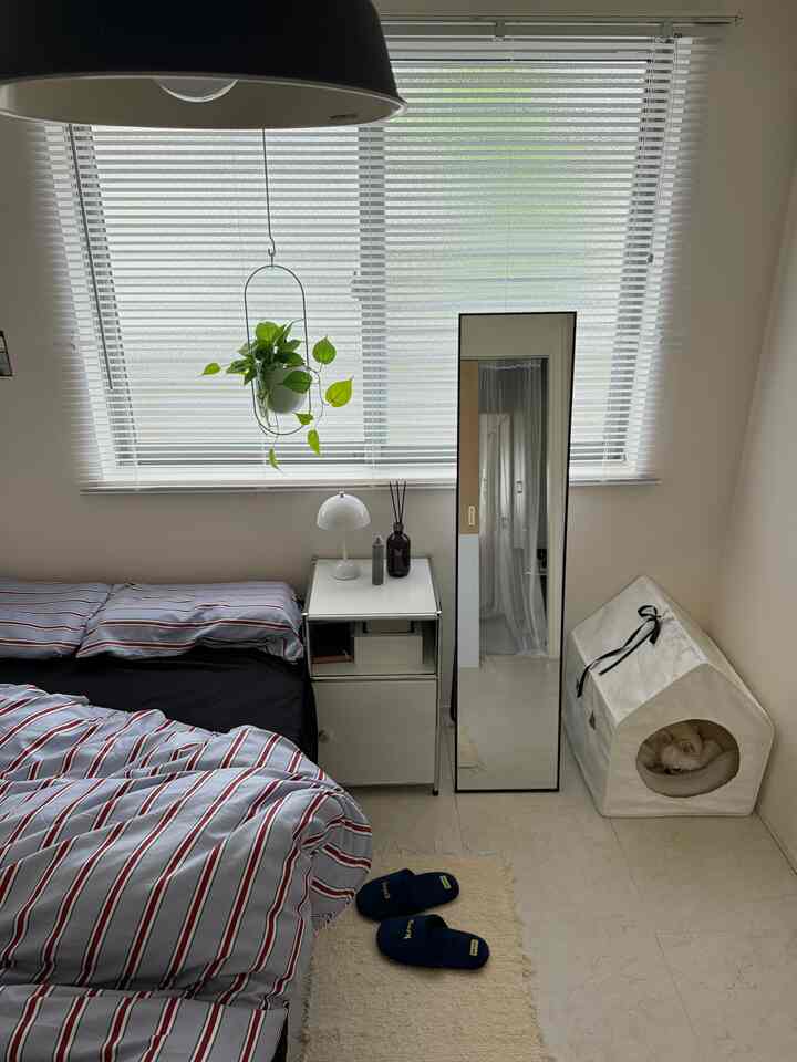 White and navy toned bedroom featuring striped bedding and a pet house in a clean, minimalist space