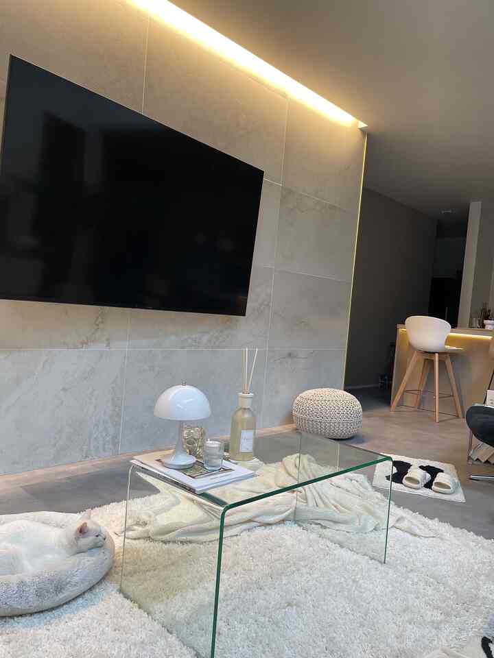 白とベージュのトーンでまとめられたモダンなリビング、ガラスのコーヒーテーブルと猫用クッションが配置された雰囲気のある空間