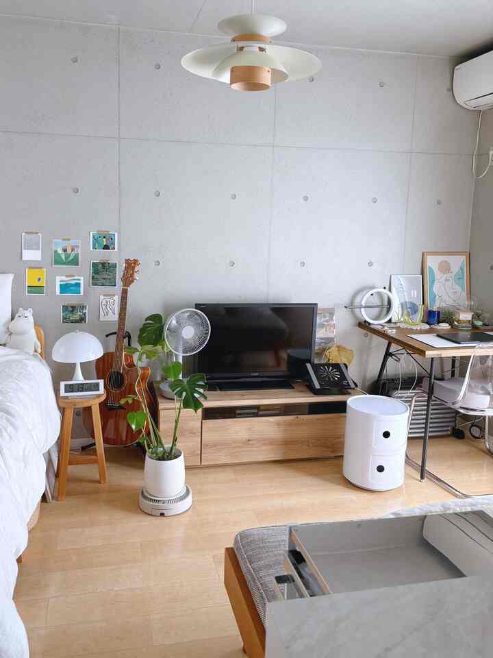 Bright wood tones and gray concrete wall in a single household living room featuring TV, desk, and plants in a clean natural modern style