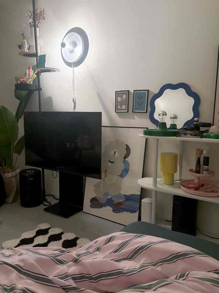 White walls and black TV with green plant blend in single household bedroom, featuring pink striped bedding and cozy atmosphere