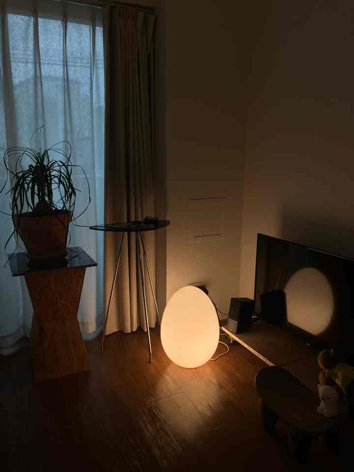 ウッドトーンの床と植物があるコーナー収納スペース、温かいムード照明が映えるモダンでナチュラルなリビング