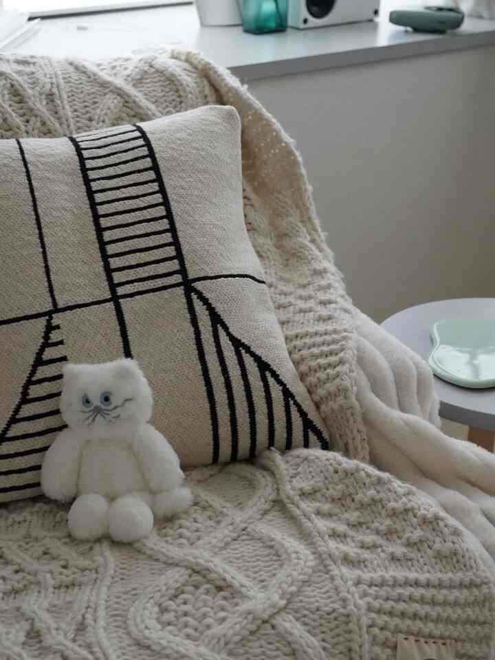 Beige and ivory toned living room with cozy knit blanket, cushion, and a plush cat toy creating a warm atmosphere