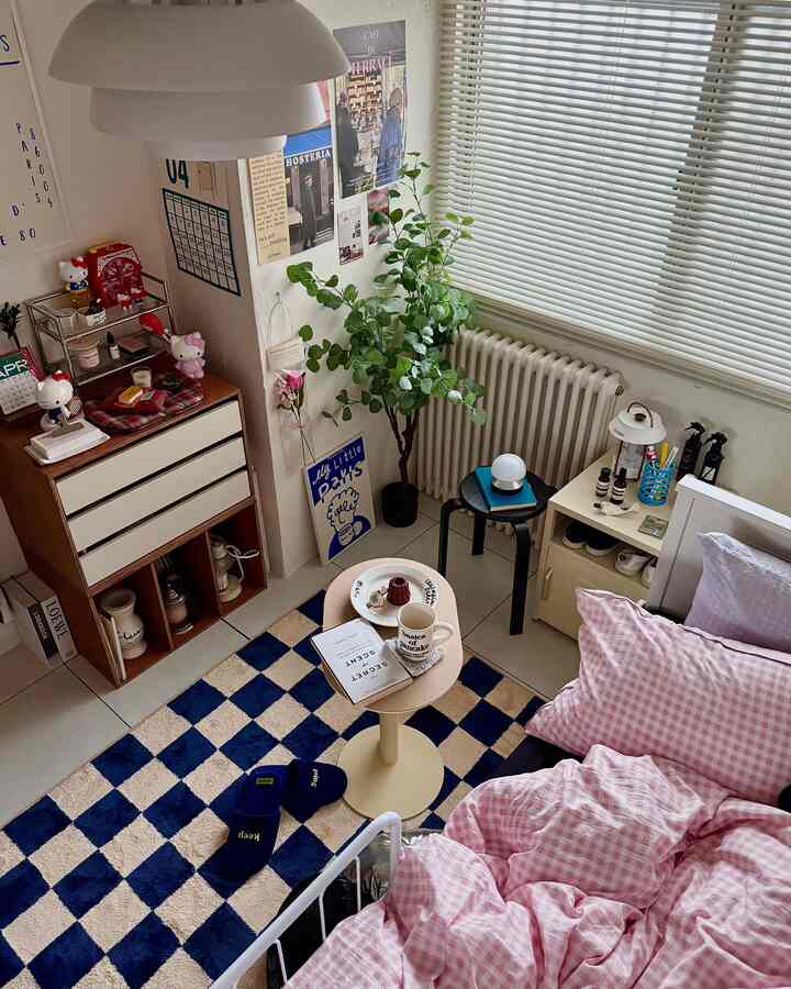 Pink-toned bedroom space featuring a checkered rug, side table with coffee setup, and lush indoor plant in a cozy studio apartment
