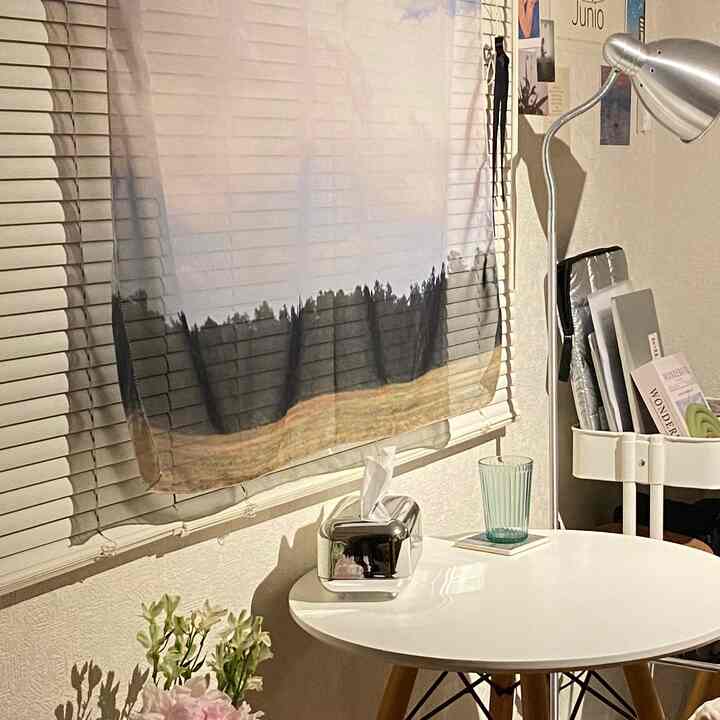 White and silver toned small single household space featuring blinds, floor lamp, and kitchen cart with a cozy atmosphere