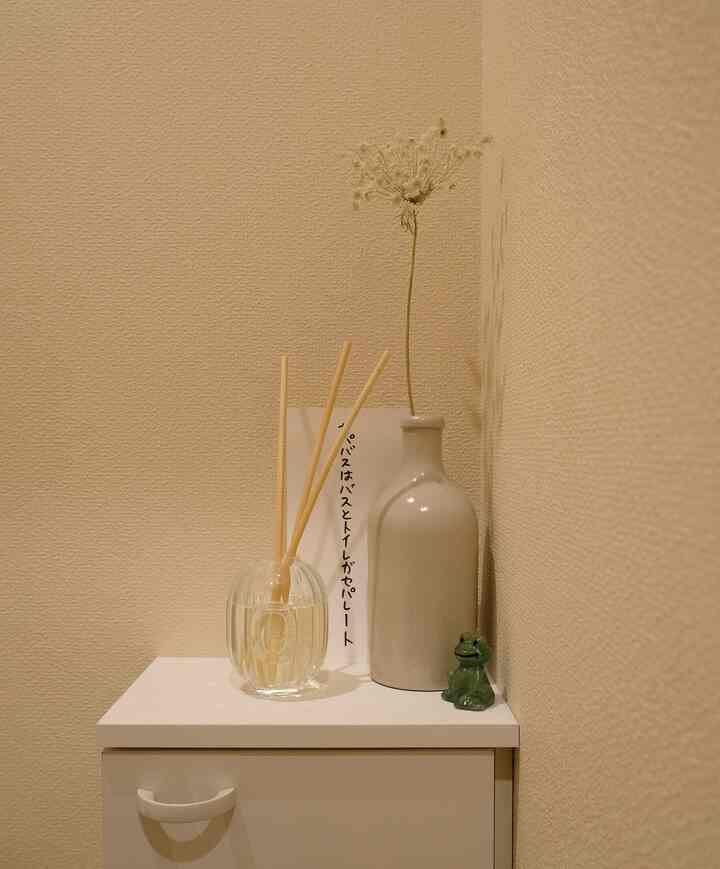 Ivory-toned walls and white drawer in a compact restroom corner featuring a diffuser and a vase with dried flower