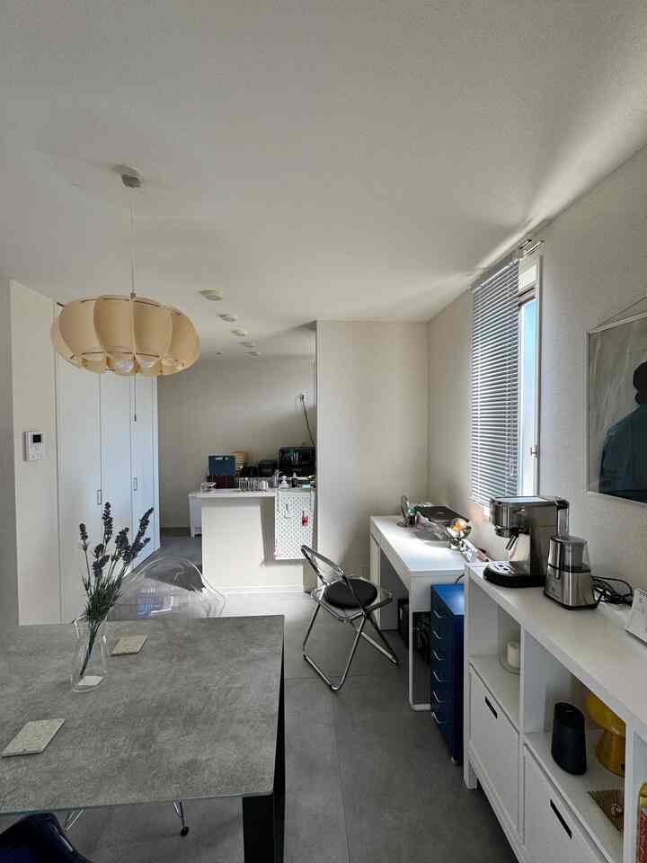 Light gray and white tone studio apartment featuring dining table, pendant light, desk, and kitchen with modern interior style