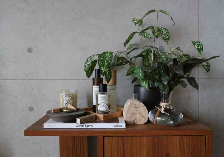 木目調のコンソールテーブルにグリーンの植物とキャンドル、ディフューザーが置かれたミッドセンチュリーモダンのリビング