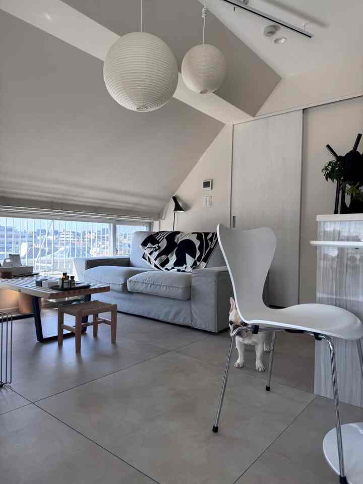 白とグレーのトーンの北欧スタイルリビング、洗練されたソファとペンダントライト、フレンチブルドッグのいる雰囲気のある空間