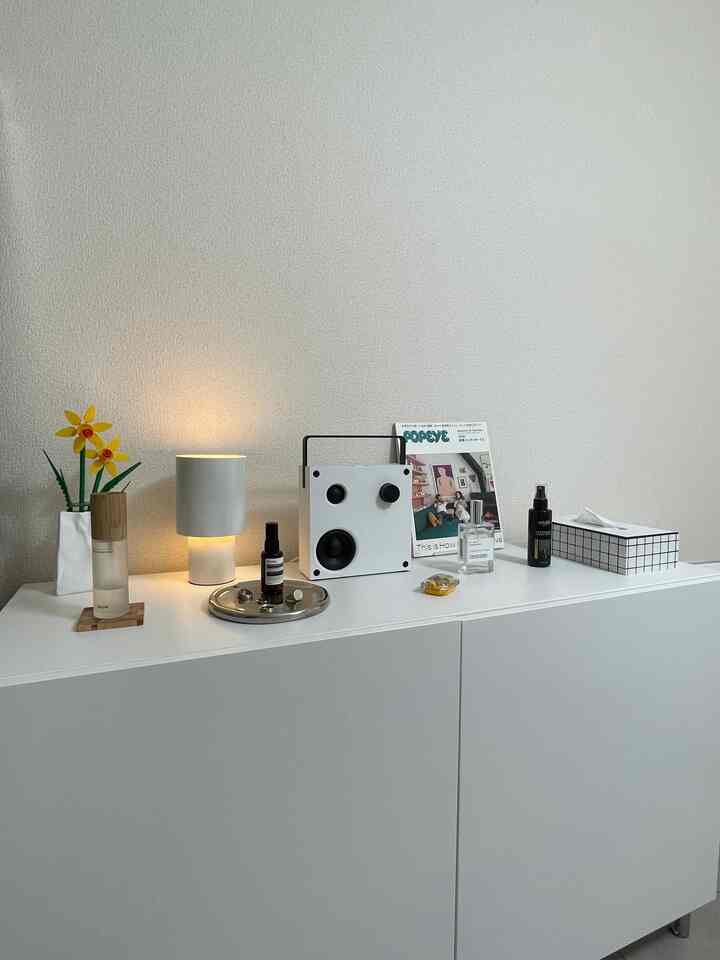 White-toned cabinet topped with a table lamp, plant, and diffuser in a minimal and modern space