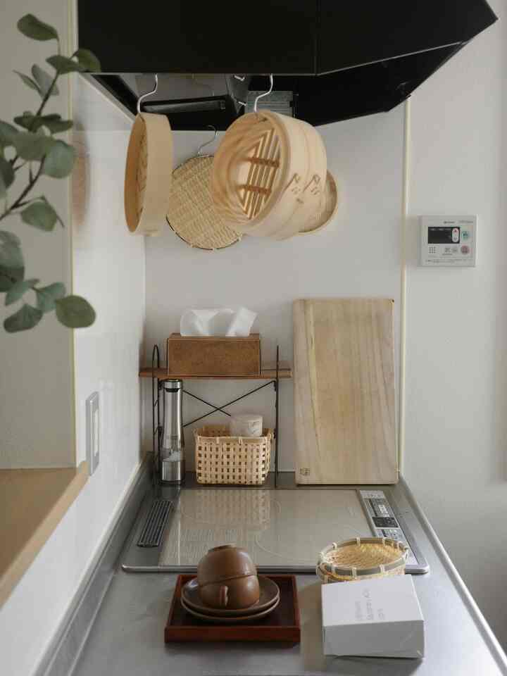Natural-toned kitchen featuring bamboo utensils and neat storage ideas creating a cozy atmosphere