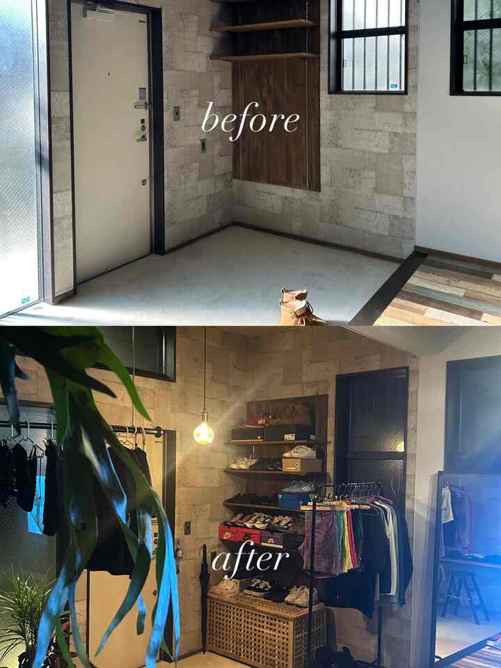 グレーのコンクリート床と茶色の木製収納が特徴の、狭くてナチュラルな雰囲気のインダストリアル玄関