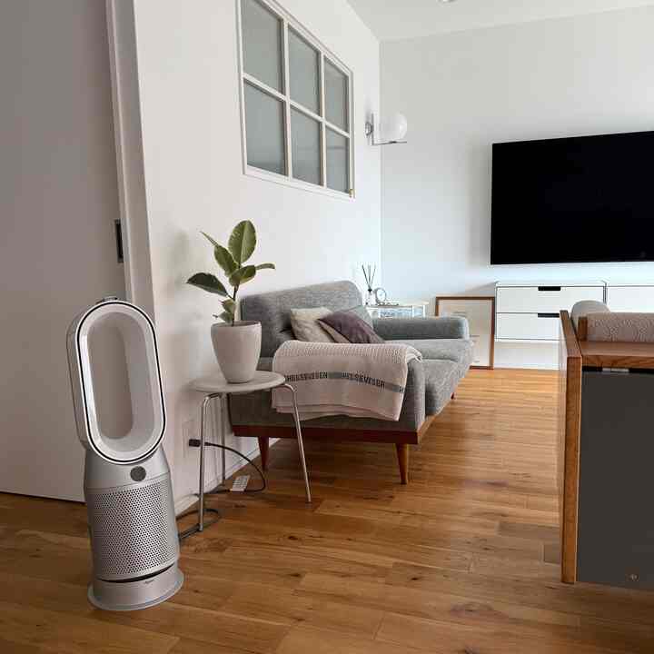 白い壁と木目調の床の北欧スタイルリビング、グレーのソファとダイソン空気清浄機が配置されたミッドセンチュリーモダンの印象的な空間