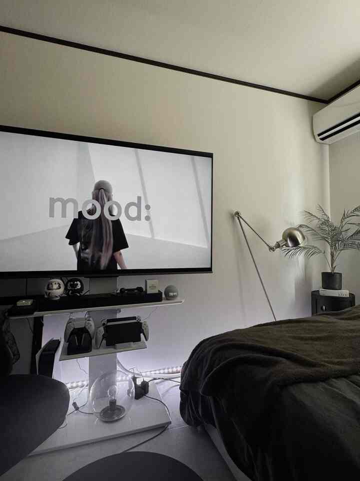 Black and white toned bedroom featuring a large TV, game controllers, and a floor lamp in a modern, simple setting