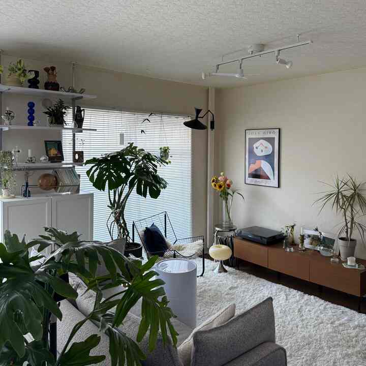 ホワイトとナチュラルブラウンの色調のリビング、グレーのソファと多様な植物が配置された印象的な空間