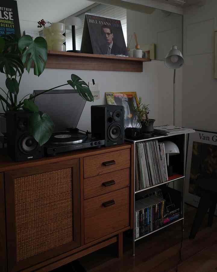 Natural color tone living room featuring wooden cabinet, retro audio equipment, and a plant creating a cozy atmosphere