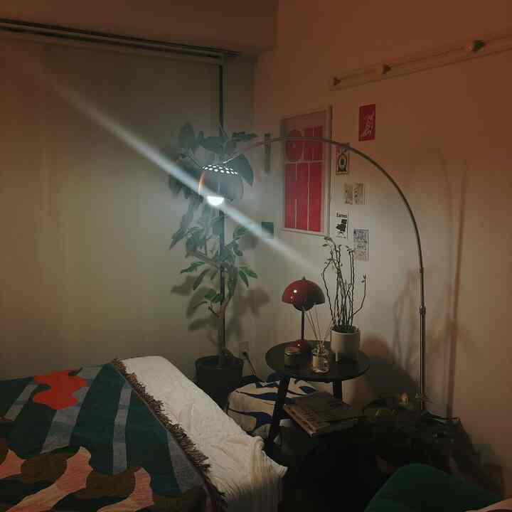 暖かいトーンと白い壁の一人暮らし向け8畳の部屋、アーチ型のフロアランプと植物、サイドテーブルが配置されたミッドセンチュリーモダンのインテリア