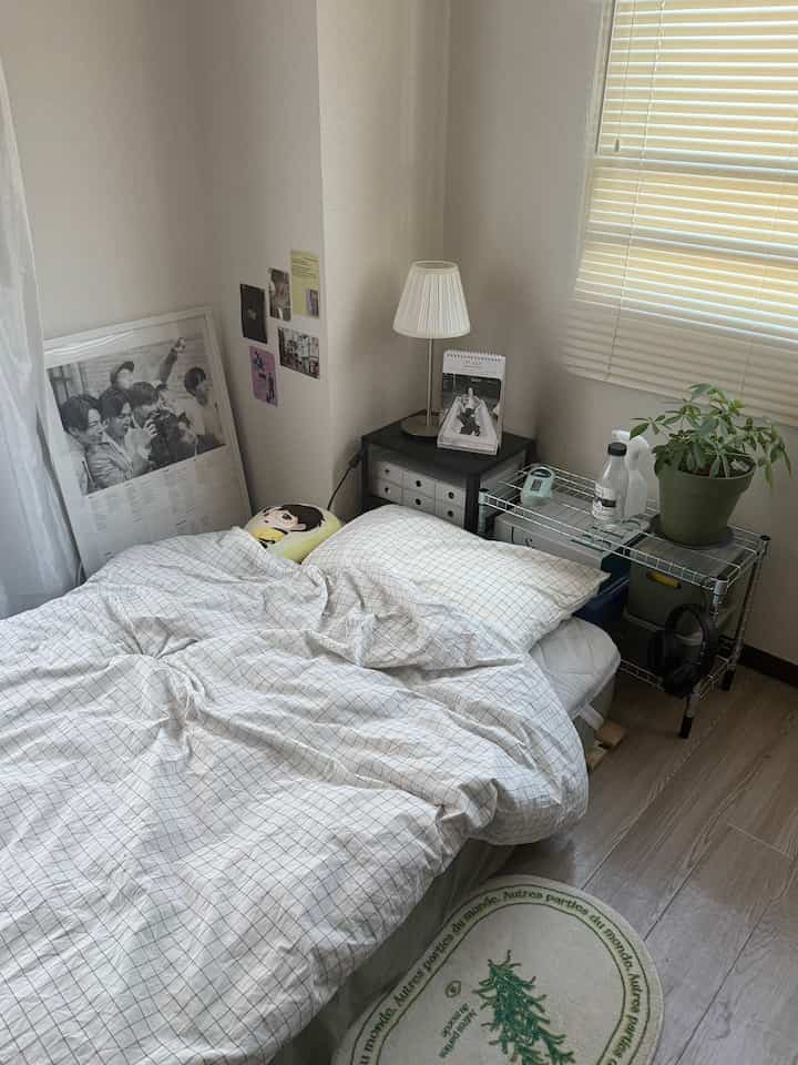 White and natural tone single household studio bedroom featuring checkered bedding, nightstand, plant, and poster in a calm space