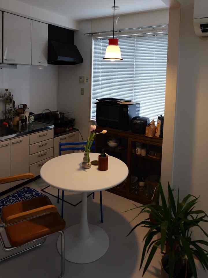 Compact dining room and kitchen in white and wood tones featuring a pendant light and two dining chairs, styled with modern simplicity.