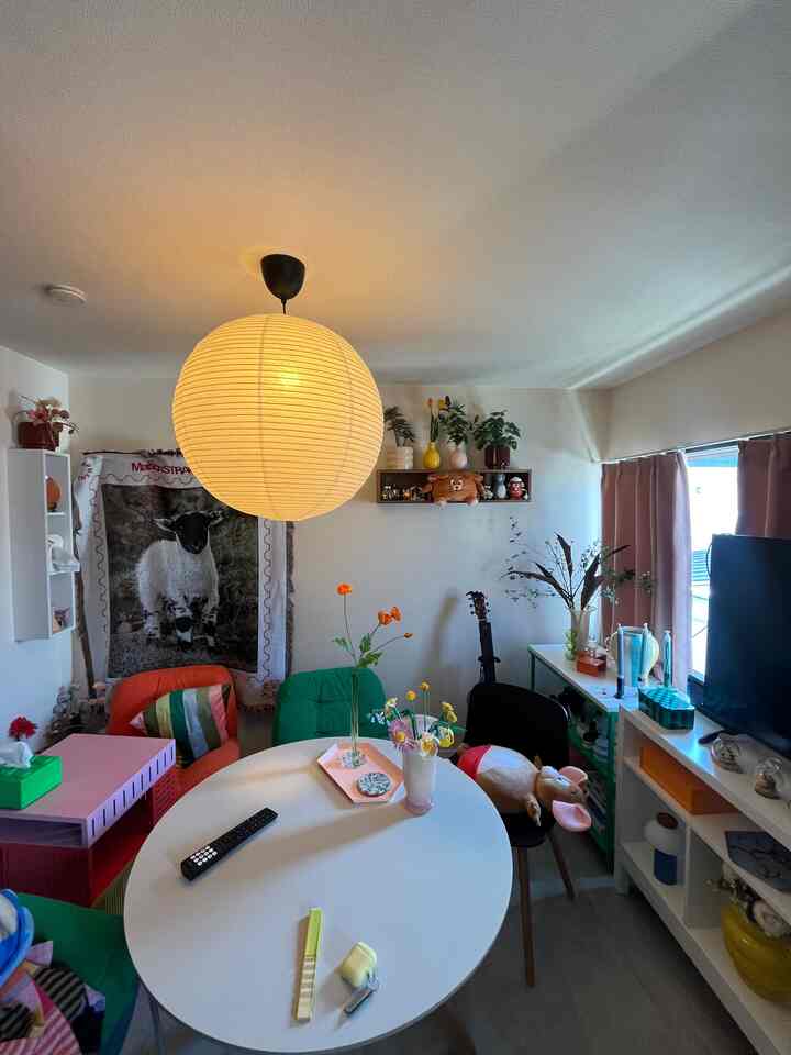 White and green toned 1LDK dining room featuring round dining table with colorful chairs, large pendant light, and wall shelves creating a cozy space