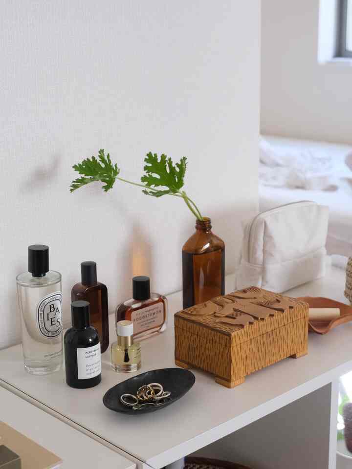 棚の上を模様替え
ゼラニウムの葉がなんとも爽やか🌿

お気に入りの香水やルームスプレーたち♡

#賃貸インテリア #リビング #香水 #ヴィンテージ雑貨 