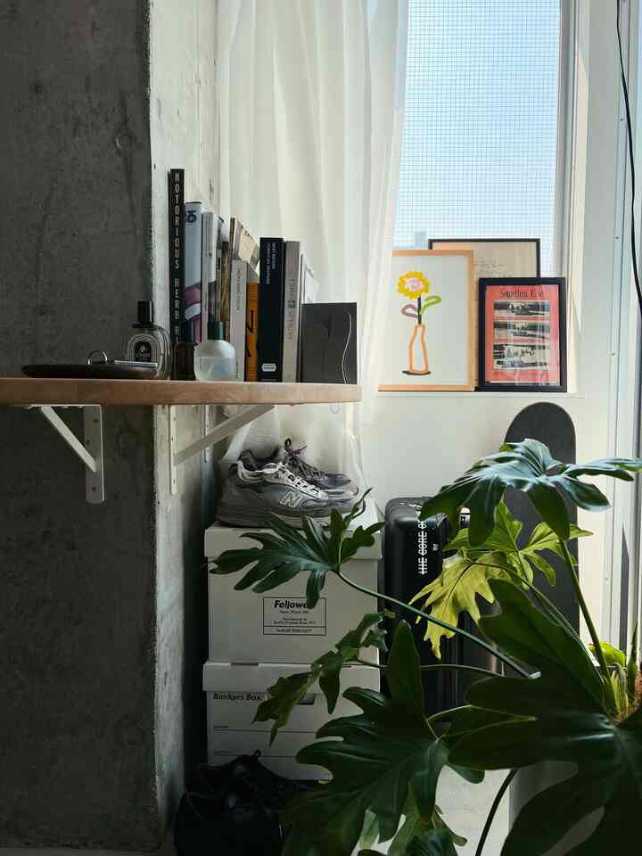 白とグレーのトーンの狭い玄関、積み重ねられた靴箱とスニーカー、壁掛けの棚に本、大きな緑の植物が配置された散らかった印象の空間