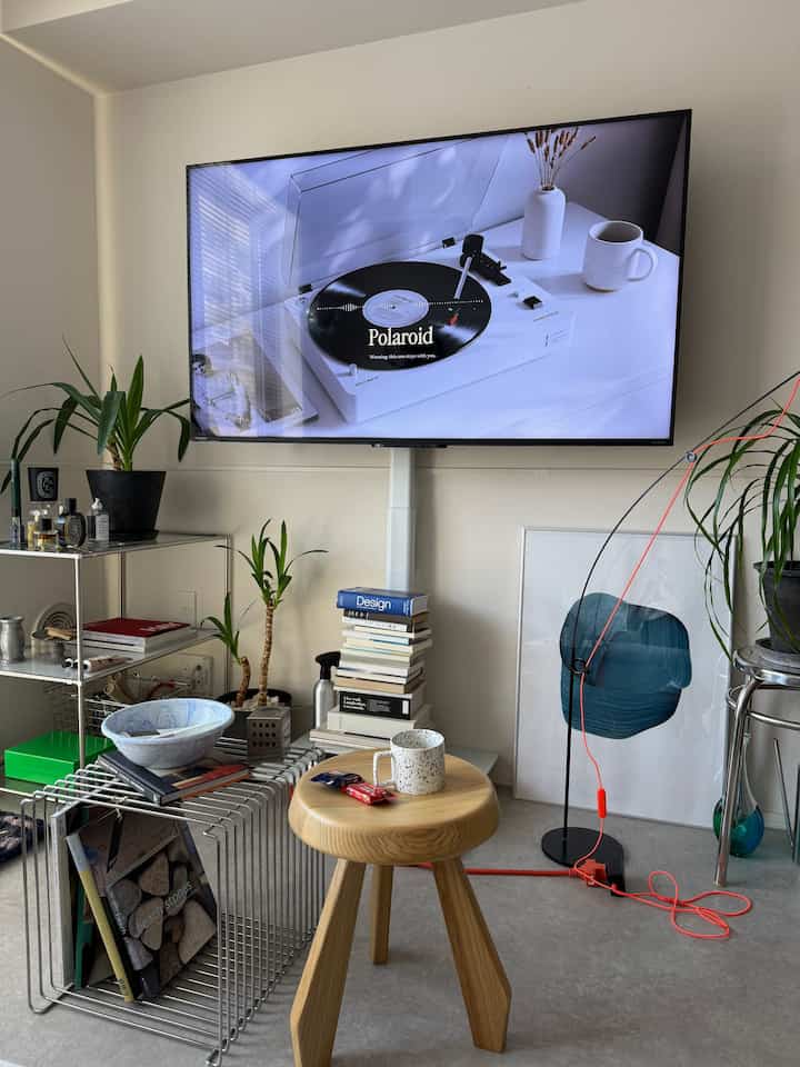 ナチュラルトーンの1LDKの小さなリビング、木製スツール、金属シェルフ、テレビスタンド、植物が配置された雰囲気のある空間