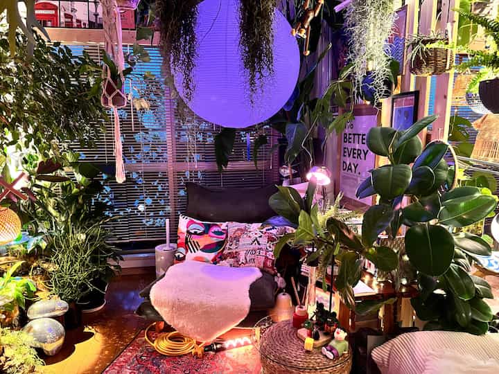 紫色の照明とカラフルな植物が配置された居心地の良いリビングインテリア