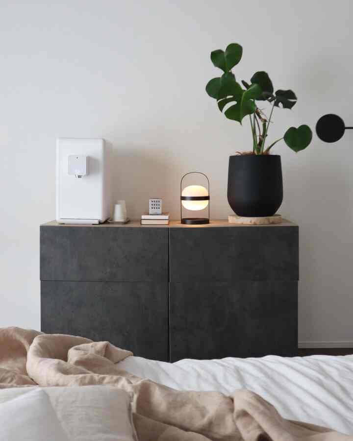 Bright white and beige bedding in a bedroom with a dark gray storage cabinet centered, topped with a planter and soft lamp in a simple natural setting