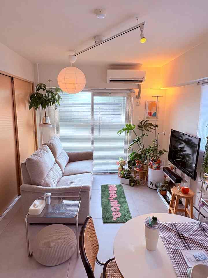 White and green toned living room featuring a mid-century modern sofa and various plants in a cozy atmosphere