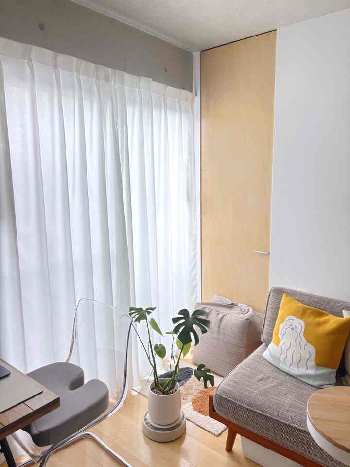 ベランダ側。

#ナチュラルインテリア #モダンナチュラル #2人掛けソファ #グレーインテリア #観葉植物 #透明椅子 #レースカーテン #ラグマット #リビングインテリア #一人暮らしアイテム 