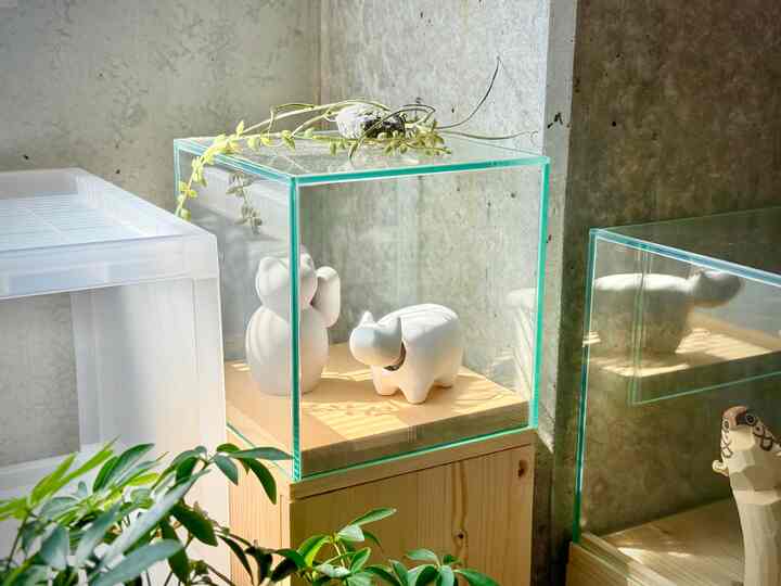 ふと見ると綺麗な朝日がはいっていたので。

#民藝　#赤べこ　#招き猫　#お鷹ぽっぽ　#飾り棚