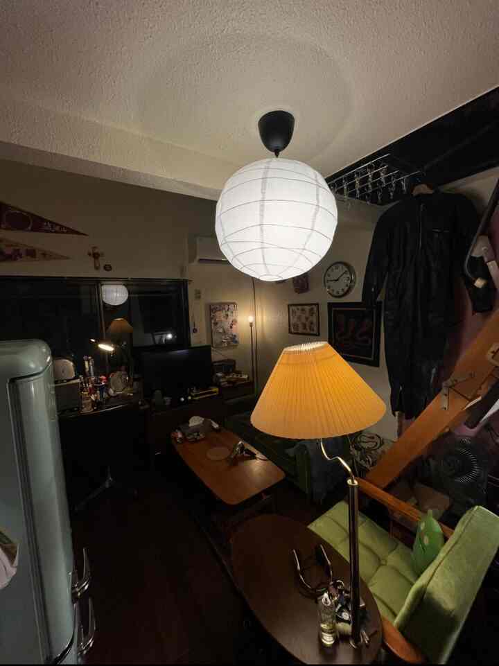 Small living room with natural brown and green tones, featuring sofa, coffee table, pendant light, and floor lamp creating a warm atmosphere