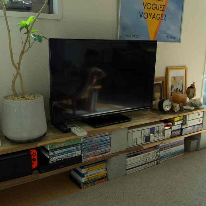 木目調と黒のテレビが配置されたリビング、左側に植物と時計などの小物が置かれた雰囲気のあるミッドセンチュリーモダンなインテリア