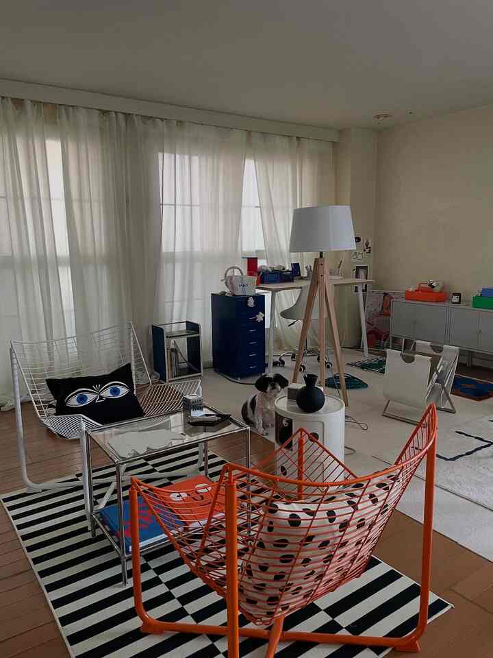 白とオレンジの色調の1LDKリビング、ミッドセンチュリーモダンな家具と犬がいる雰囲気のある空間