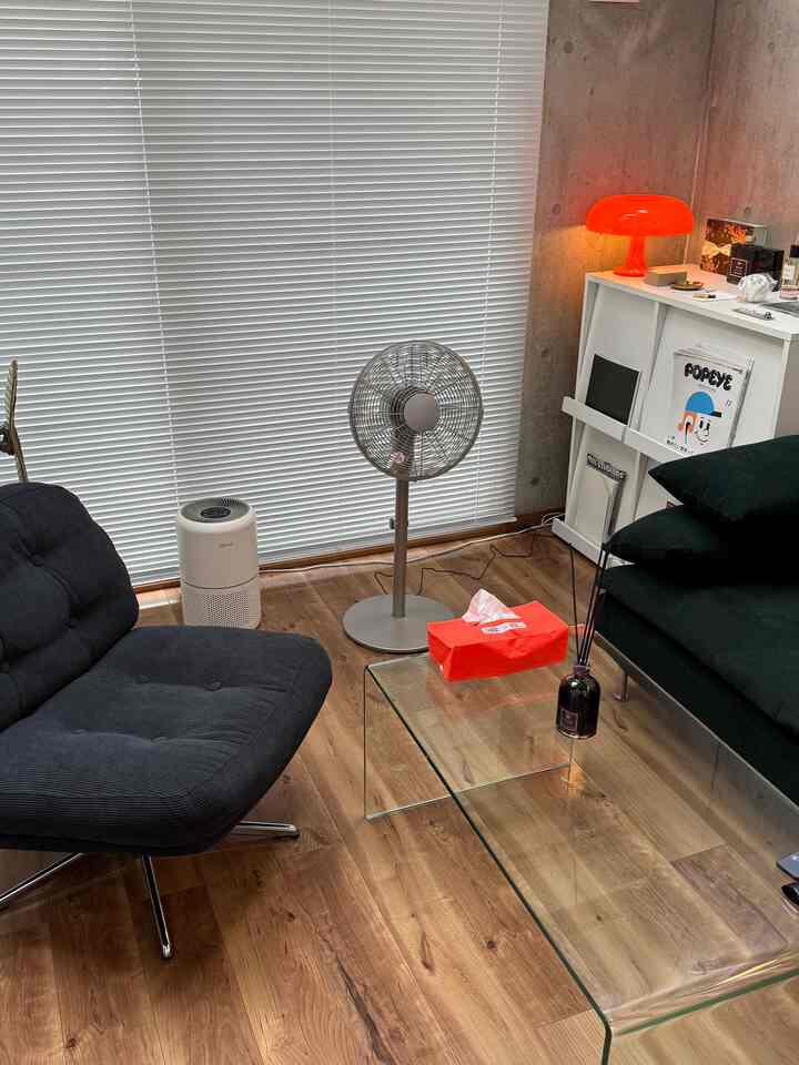 Modern living room with white blinds and wood tone flooring, dark green sofa and transparent coffee table, featuring orange lamp and diffuser