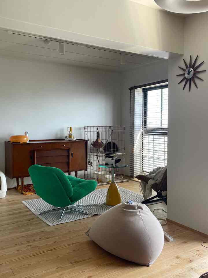 ナチュラルな木目調の床と白い壁のリビング、緑のアームチェアとベージュのビーズクッション、窓際に猫のケージが配置された落ち着いた空間
