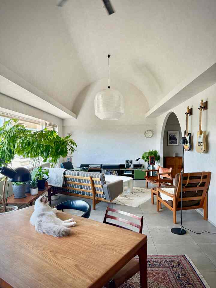 Natural toned living and dining room featuring sofas, armchairs, floor lamp, plants, wall-mounted guitars, and a cat resting on the dining table creating a warm atmosphere